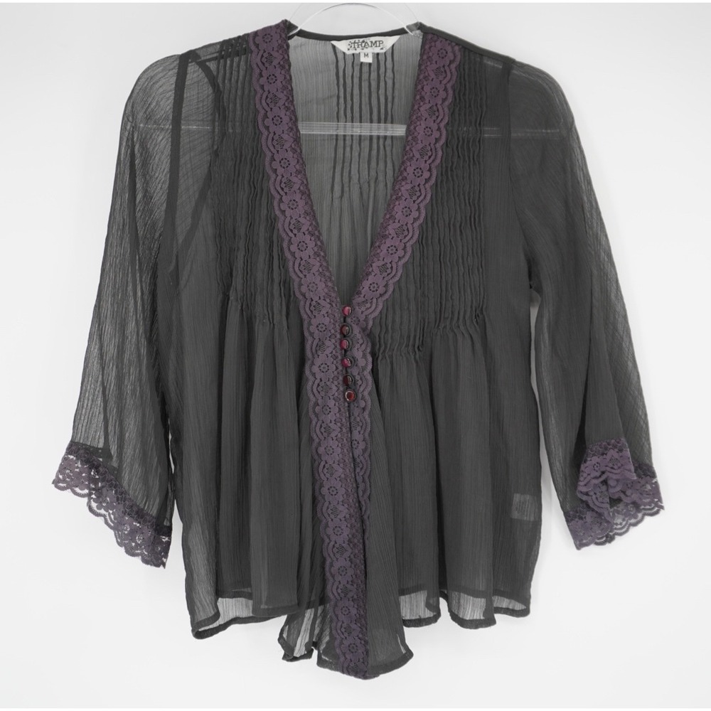 Vintage Tramp Sheer Black Baby doll Blouse Purple Lace Trim Bell Sleeve Goth